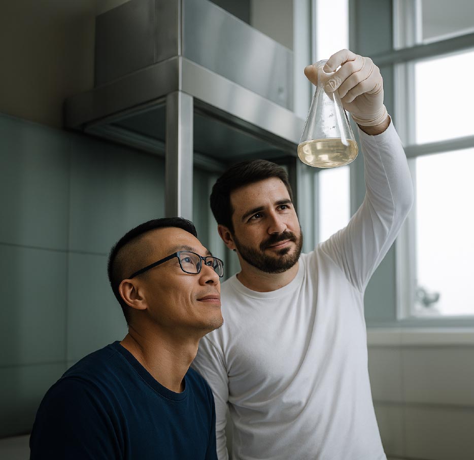Researchers in the Keyland Polymers laboratory examining UV-curable resin formulation in a glass flask.